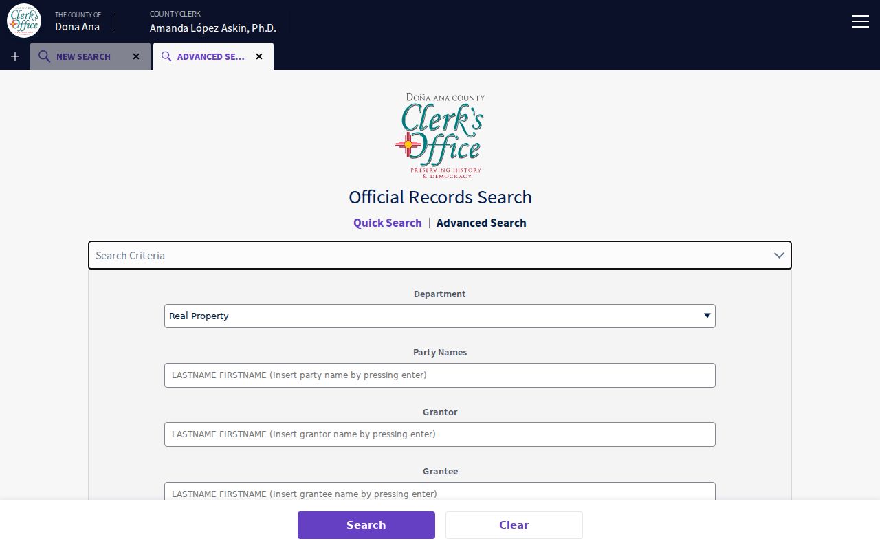 Doña Ana County street directory Clerk advanced deed search fields